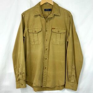 POLO RALPH LAUREN Tan Long Sleeve Button Down Shirt Work Pockets Safari Men's L